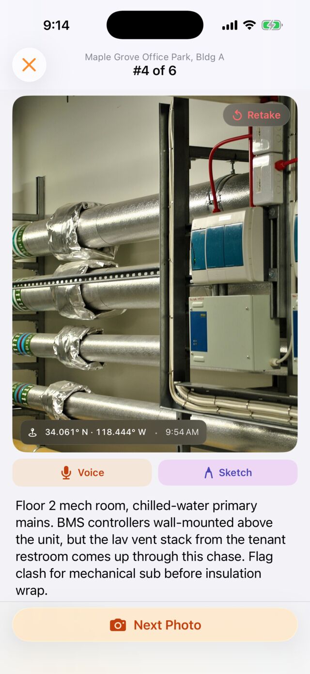 Reviewing a capture in Sitewise on iPhone: the photo with its location stamp, Voice and Sketch buttons, and a written observation.
