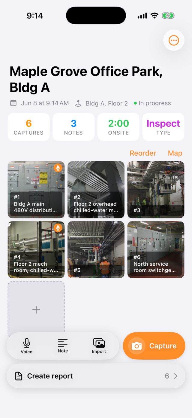 A Sitewise project hub on iPhone: six captioned captures, notes, and time on site for Maple Grove Office Park.